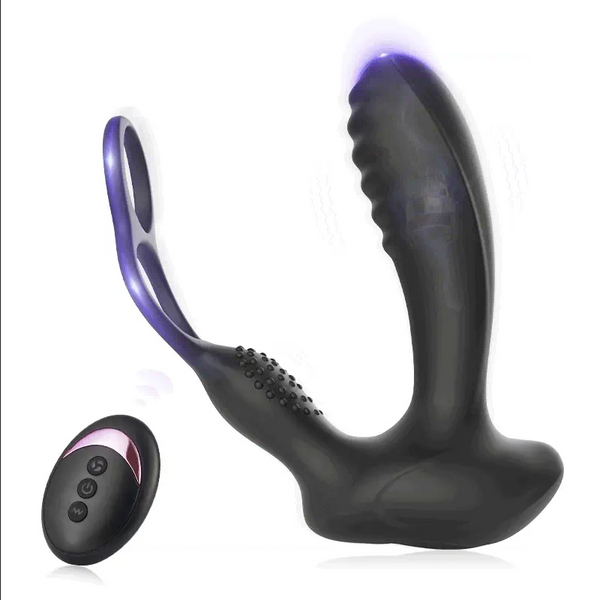 10 Vibrations Heating Function Remote Control Anal Plug with Dual Cock Rings